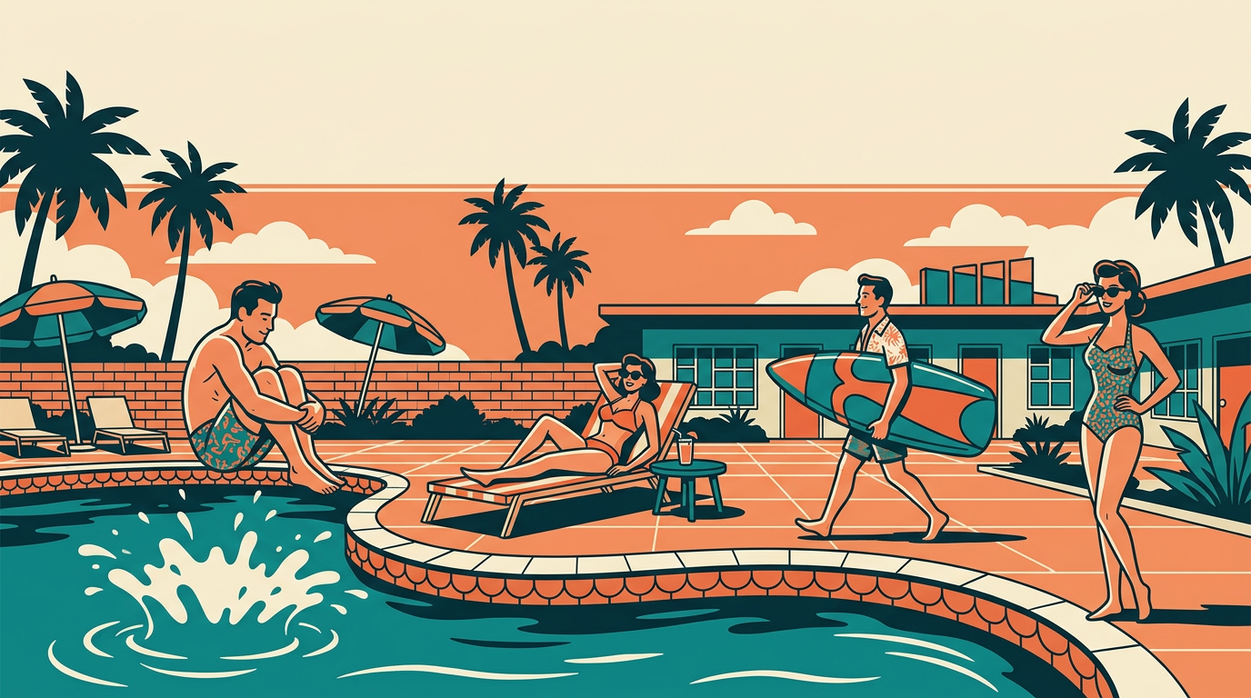 Illustration of people relaxing at a retro Miami poolside motel