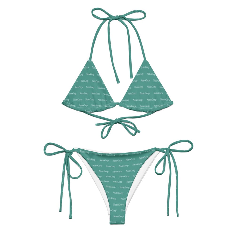 Bikini, printed all over with the NanoCorp wordmark on NanoCorp teal
