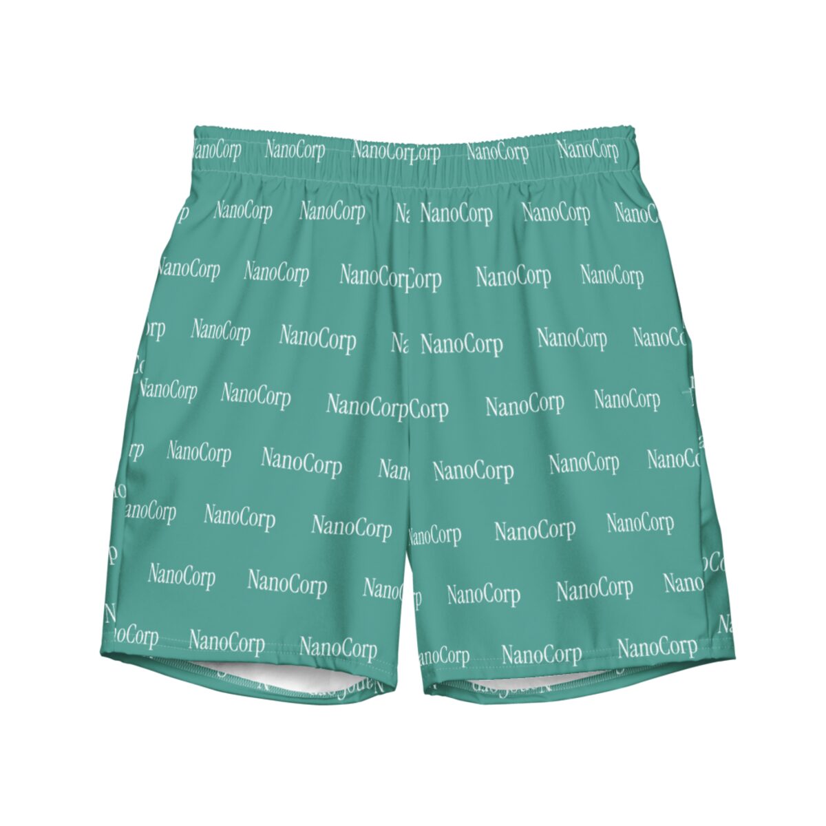 Swim Trunks, printed all over with the NanoCorp wordmark on NanoCorp teal